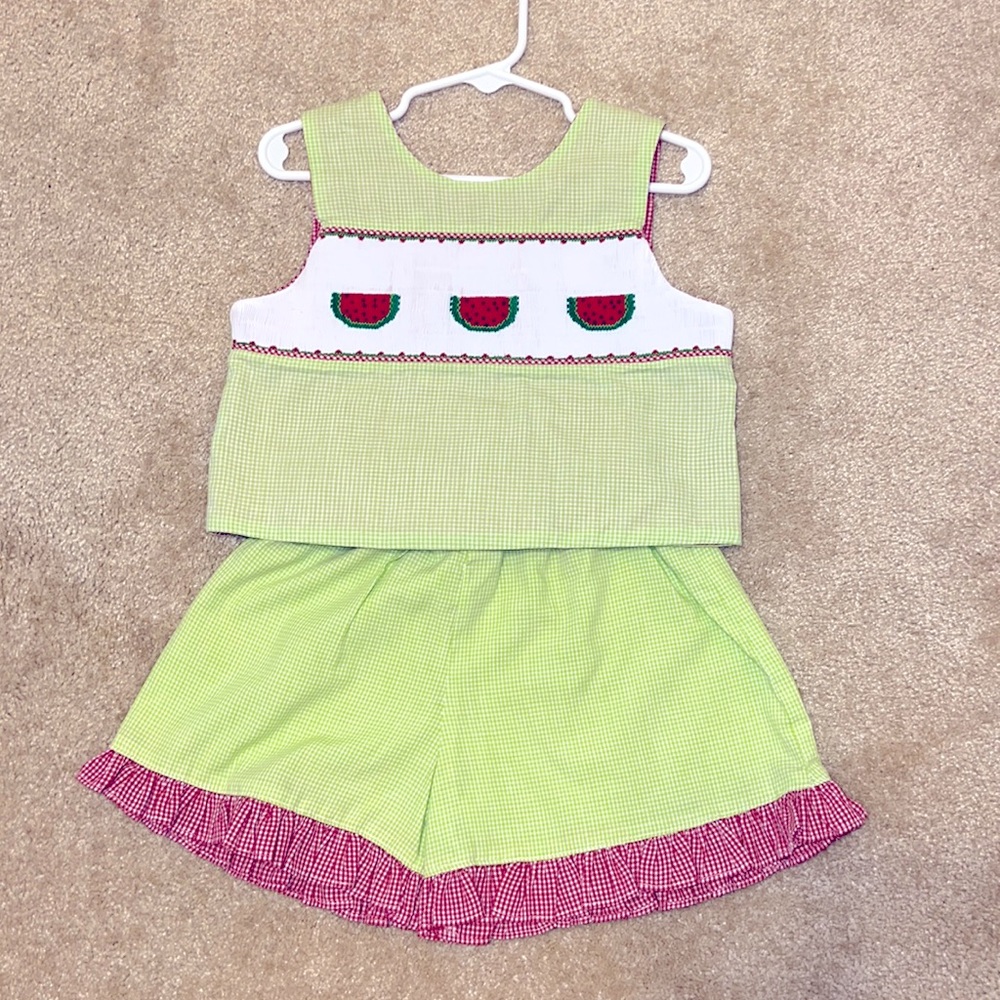 Wish Upon A Star girls smock watermelon short set. Green check with red trim.